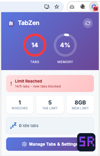 TabZen popup showing limit reached warning