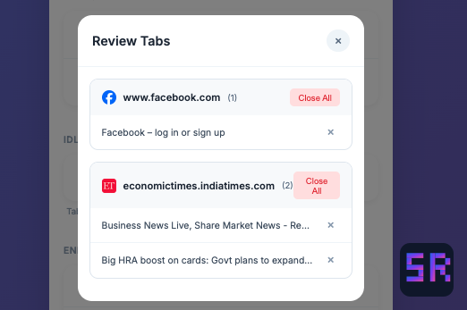 TabZen review tabs modal showing tabs grouped by domain