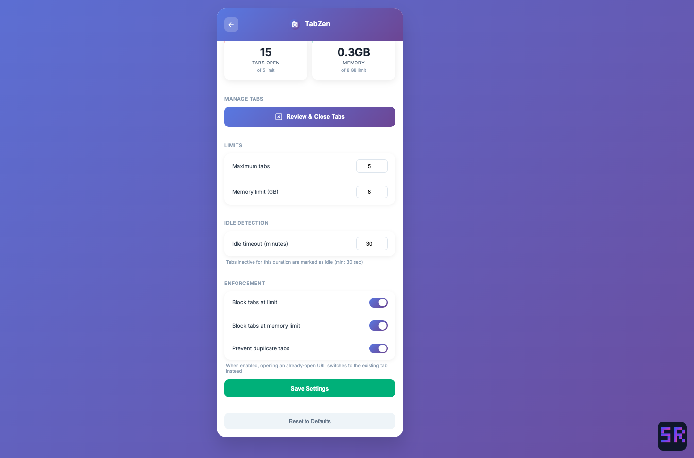 TabZen settings page with limit configuration and enforcement toggles